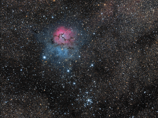 M20 and M21, The Trifid Nebula with an open cluster in Sagittarius